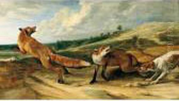 A Spaniel Attacking A Vixen And Dog Fox In An Open Landscape Oil Painting by Peeter Boel