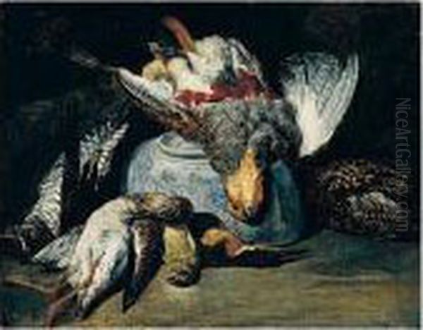 Still Life Of A Partridge, Hawk,
 Snipe, Goldfinch And Kingfisher, Together With An Upturned Blue And 
White Porcelain Bowl Oil Painting by Peeter Boel