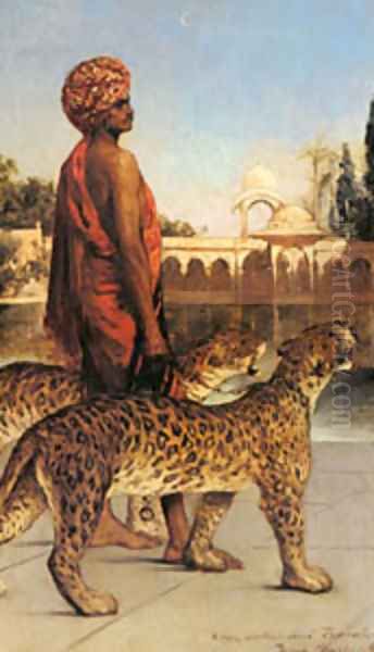 Benjamin The Palace Guard With Two Leopards Oil Painting by Constant Benjamin Jean Joseph