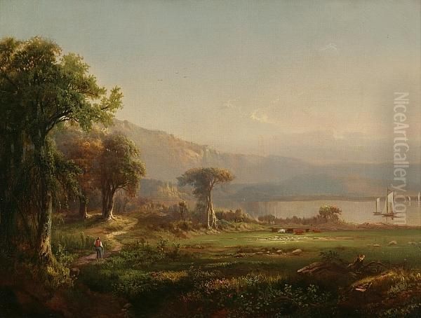 Landscape With Figure Walking Toward A Lake Oil Painting by Henry Boese