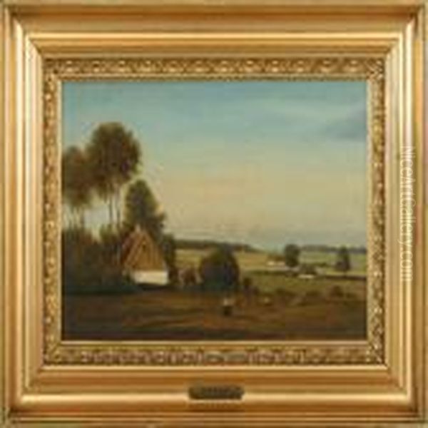 Landscape With Houses, Cattle And Milkmaid Oil Painting by August Vilhelm Boesen