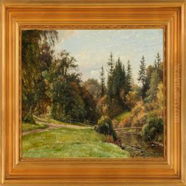 Wood Bridge At A Stream In The Bright Autumn Forest Oil Painting by Johannes Boesen