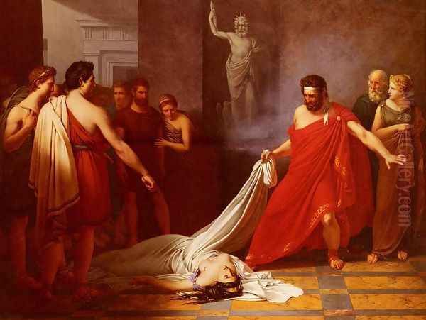 Egisthe, Croyant Decouvrir Le Corps D'oreste Mort, Decouvre Celui De Clytemnestre (Egisthe, Believing he has Found the Body of Orestes, to his Surprise Finds Clytemnestra) Oil Painting by Charles Auguste van den Berghe