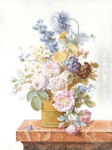 A bouquet of roses, chrysanthemums, auricula, hyacinth, a poppy, harebells and other flowers in a basket on a marble ledge with a butterfly Oil Painting by Pancrace Bessa