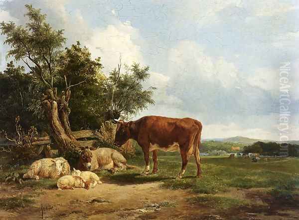 An Extensive Landscape With Cattle Resting Oil Painting by Simon Van Den Berg