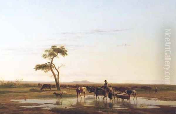 Watering the cattle in a vast landscape Oil Painting by Simon Van Den Berg