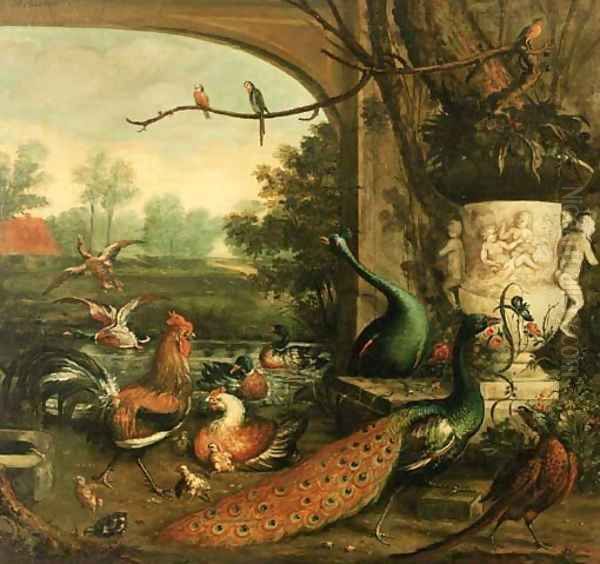 Peacocks, chickens and pheasants by a sculpted vase Oil Painting by Wilfred Williams Ball