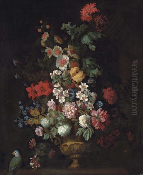 Roses, Lilies, Carnations, Chrysanthemums And Other Flowers In A Bronze Urn On A Ledge Oil Painting by Jakob Bogdani Eperjes C