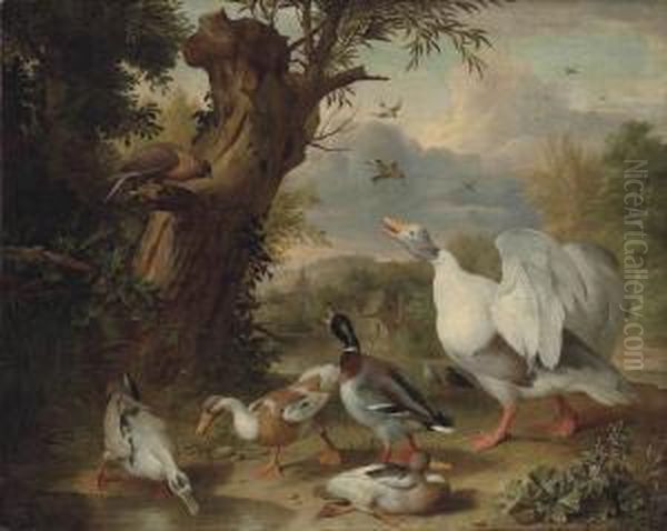 Bogdani A Goose, Ducks And A 
Raptor By A Pond In A Wooded Landscape, A Farmyard And A Church Beyond Oil Painting by Jakob Bogdani Eperjes C