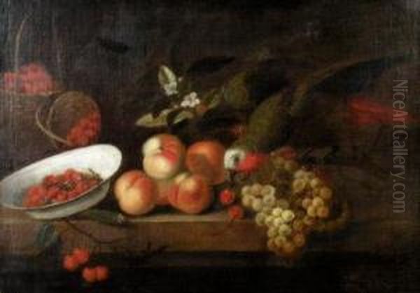 A Parrot Stealing Fruit From A Table Top Oil Painting by Jakob Bogdani Eperjes C