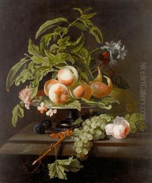 Figs And Peaches On A Pewter 
Tray, With Redcurrants, Grapes And A Rose On The Marble Ledge Beneath Oil Painting by Jakob Bogdani Eperjes C