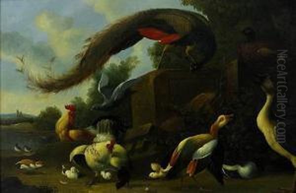 Exotic Birds In A Landscape Oil Painting by Jakob Bogdani Eperjes C