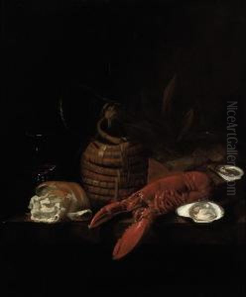 A Lobster, Oysters, A Bread Roll, A Wine Glass And A Glass Jug On Aledge Oil Painting by Jakob Bogdani Eperjes C