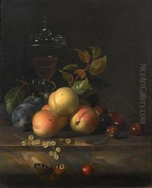 Cherries, Plums And Peaches With A Oil Painting by Jakob Bogdani Eperjes C