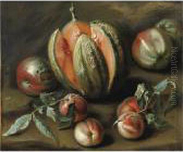 Natura Morta Con Melone, Pomodori, Pesche E Una Mela Oil Painting by Jakob Bogdani Eperjes C