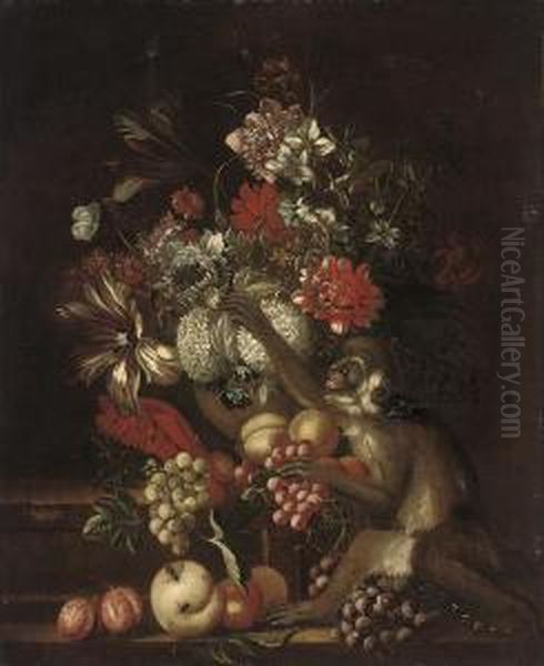 Grapes, Peaches, And Plums On 
Stone Steps With A Monkey, And Chrysanthemums, Narcissi, Snowball 
Hydrangeas, Parrot Tulips And Other Flowers In An Urn Oil Painting by Jakob Bogdani Eperjes C