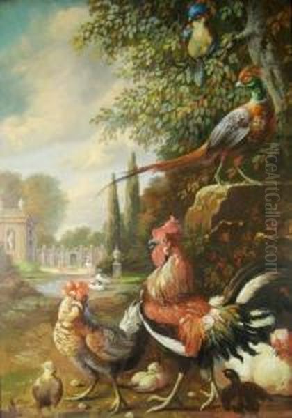 Cockerel And Pheasants In An Ornamental Garden Oil Painting by Jakob Bogdani Eperjes C