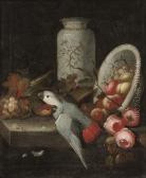 A Pair Of Parrots With Grapes, Roses, Peaches, An Orange And Achina Vase And Bowl Oil Painting by Jakob Bogdani Eperjes C