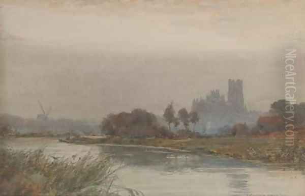 The cathedral at Ely enshrouded in mist Oil Painting by Wilfred Williams Ball