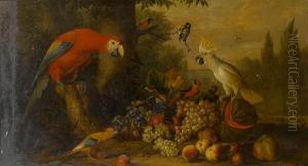 A Parrot, A Blue Tit And Other 
Birds With Grapes, Peaches, A Melon And Apples In A Park Landscape Oil Painting by Jakob Bogdani Eperjes C