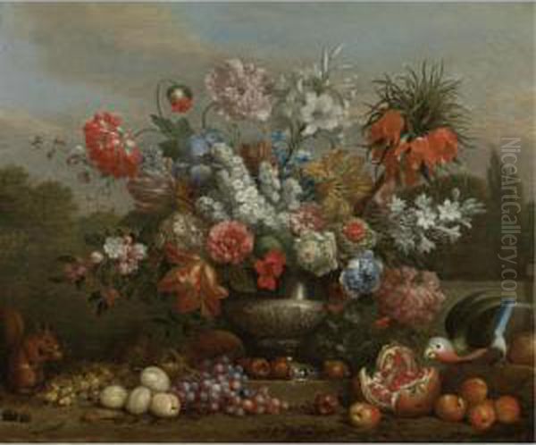 Still Life With Flowers In A 
Silver Urn With Fruits, A Squirrel And A Parrot Resting On The Ground 
Beside It Oil Painting by Jakob Bogdani Eperjes C