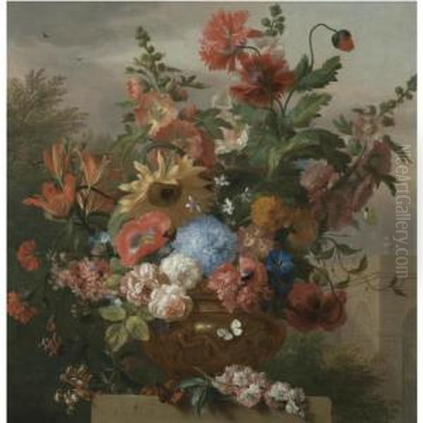 A Still Life With A Sunflower, 
Hollyhocks, Lilies, Poppies, Honeysuckle And Other Flowers In A Sculpted
 Stone Vase On A Plinth Before A Classical Pavilion Oil Painting by Jakob Bogdani Eperjes C