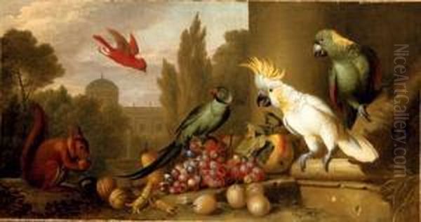 A Cardinal, A Plum-headed 
Parakeet, A Lesser Sulphur-crested Cockatoo, A Yellow-naped Amazon, And A
 Squirrel With Grapes, Apples, Plums And Walnuts In A Ruin, A City 
Beyond Oil Painting by Jakob Bogdani Eperjes C