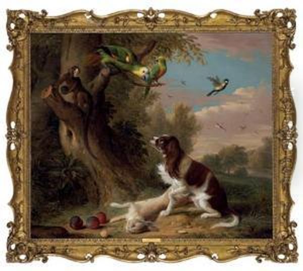 A Spaniel With A Dead Hare In A Landscape, With Parrots And A Monkey In A Tree Oil Painting by Jakob Bogdani Eperjes C