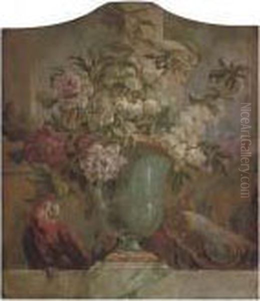 Flowers In An Urn With A Parrot On A Ledge: An Overdoor Oil Painting by Jakob Bogdani Eperjes C