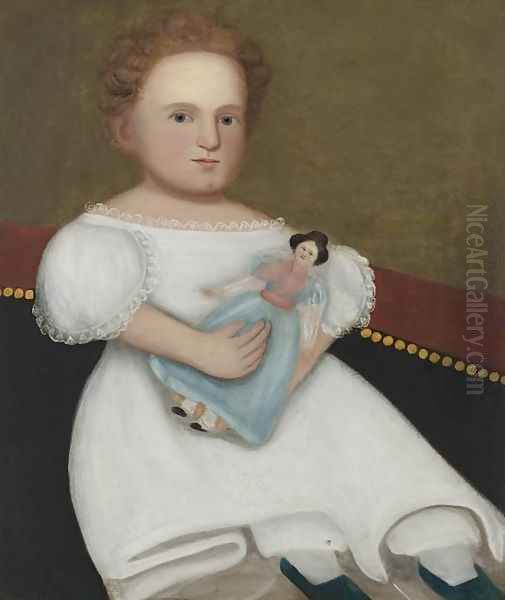 Portrait of a Little Girl with Doll Seated on a Sofa Oil Painting by Zedekiah Belknap