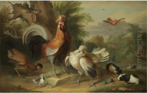 A Cockerel, Chickens And Other Birds With Guinea Pigs In A Landscape Oil Painting by Jakob Bogdani Eperjes C