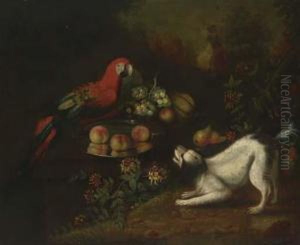 Peaches And Melon On Silver Chargers With A Spaniel Barking At A Parrot, In A Landscape Oil Painting by Jakob Bogdani Eperjes C