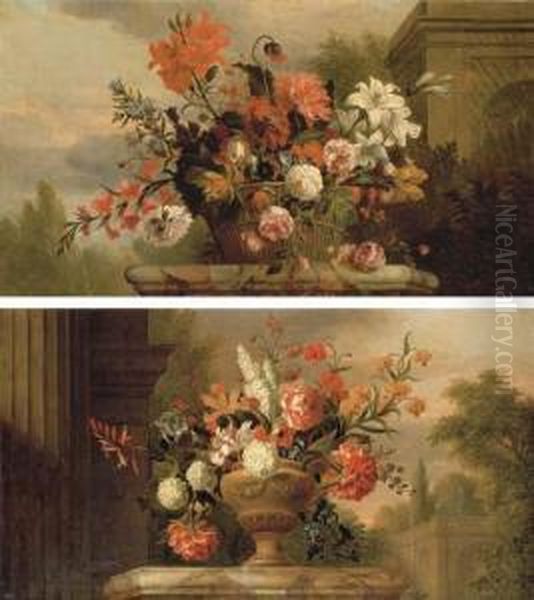 Lilies, Roses, Morning Glory And
 Other Flowers In A Basket On Amarble Plinth, By A Fountain In A Garden;
 And Peonies Oil Painting by Jakob Bogdani Eperjes C