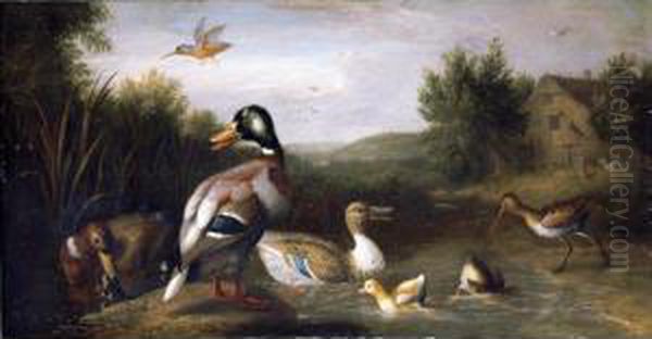 A River Landscape With Fowl Before A Cottage, A Church In The Distance Beyond Oil Painting by Jakob Bogdani Eperjes C