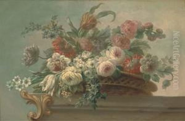 Summer Flowers, Including 
Tulips, Poppies And Peonies, In A Wickerbasket, On A Stone Ledge Oil Painting by Jakob Bogdani Eperjes C