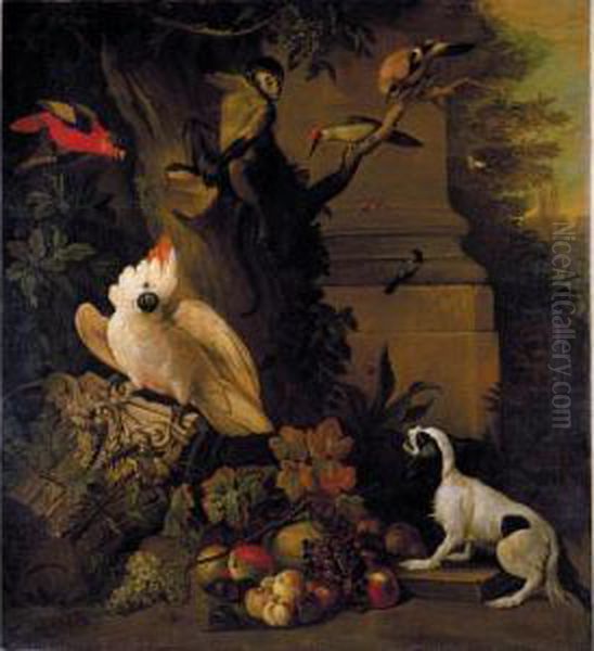 Still Life With Parrots, A Jay, A
 Woodpecker And A Finch, Together With A Spaniel And Various Fruits In A
 Parkland Setting Oil Painting by Jakob Bogdani Eperjes C