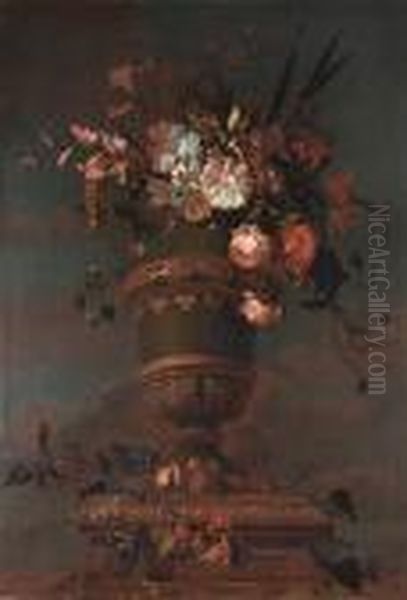 Roses, Tulips, Narcissi And 
Other Flowers In A Vase On A Marble Ledge With Grapes, Cherries, 
Redcurrants And Apples Oil Painting by Jakob Bogdani Eperjes C