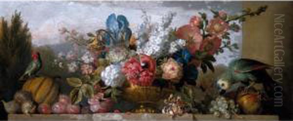 Still Life Of Flowers With 
Honeysuckle, A Daffodil, An Iris And Other Flowers In A Bronze Urn, 
Together With Pomegranates, Plums, Figs, Grapes And A Melon, All Resting
 On A Stone Ledge Together With A Parrot And Parakeet Oil Painting by Jakob Bogdani Eperjes C