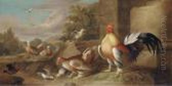 A Rooster, Hen And Other Fowl In An Extensive Landscape Oil Painting by Jakob Bogdani Eperjes C