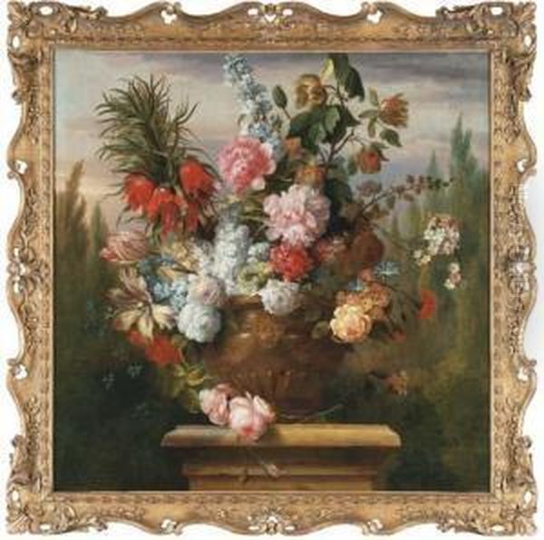 A Crown Imperial Lily, Tulips, 
Peonies, Roses, Morning Glory Andother Flowers In An Sculpted Urn On A 
Plinth In A Garden Oil Painting by Jakob Bogdani Eperjes C