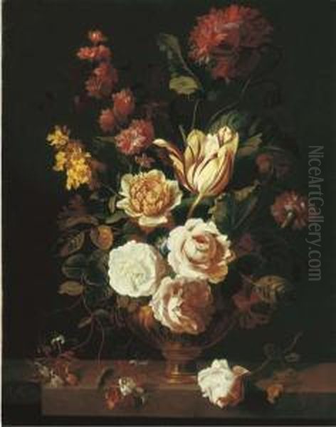 Roses, A Parrot Tulip, 
Carnations, Morning Glory, Honeysuckle And Other Flowers In An Urn On A 
Stone Ledge Oil Painting by Jakob Bogdani Eperjes C