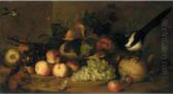 Still Life Of Fruit With A Magpie And A Red Squirrel In A Landscape Setting Oil Painting by Jakob Bogdani Eperjes C