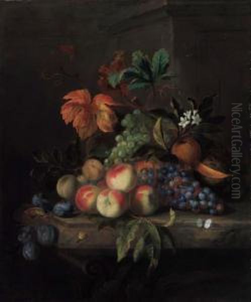 Peaches, Grapes, A Melon, Orange
 Blossom With An Orange, Plums, Abutterfly And A Snail, On A Marble 
Table Oil Painting by Jakob Bogdani Eperjes C