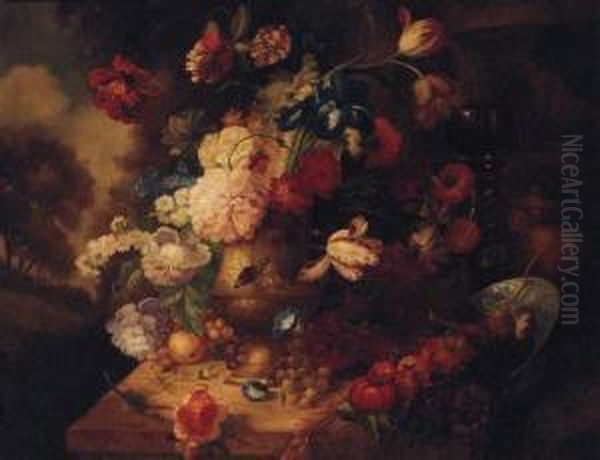 Flowers In An Urn By A Roemer And A Blue And White Dish On Apedestal In A Landscape Oil Painting by Jakob Bogdani Eperjes C