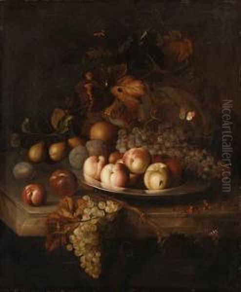 Peaches, Grapes And Plums On A 
Pewter Plate, With A Melon, Pears,apples And Red Currants On A Marble 
Ledge Oil Painting by Jakob Bogdani Eperjes C