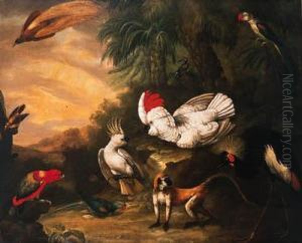 A Bird Of Paradise, A Moluccan 
And A Lesser Sulphar Crestedcockatoo, A Chattering Lory, A Banded 
Parakeet, A Crested Crane Anda Gibbon In A Tropical Landscape Oil Painting by Jakob Bogdani Eperjes C