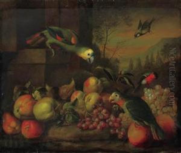 Parrots, A Bullfinch, Apples, Grapes And Oranges And A Greenfinchin A Landscape Oil Painting by Jakob Bogdani Eperjes C