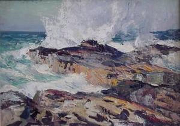 Waves Against The Rocks Oil Painting by Abraham Jacobi Bogdanove