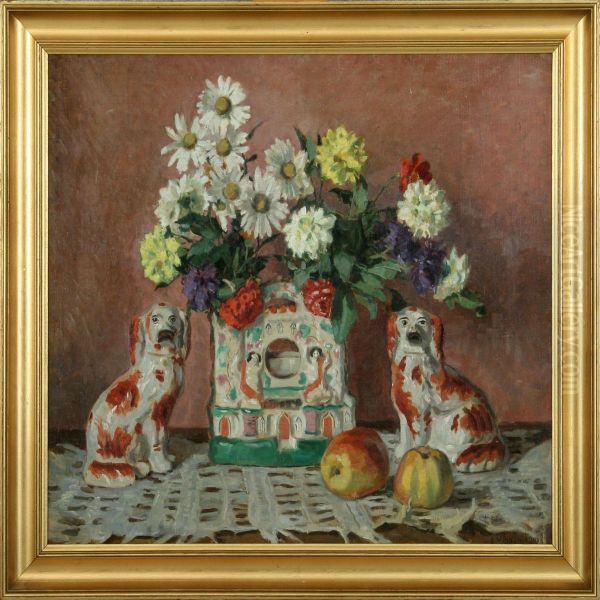 Still Life With Englishstaffordshire Faience Dogs, Flowers In A Vase And Apples Oil Painting by Einar Vilhelm Bogh