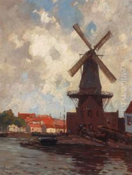 Mill 'de Adriaan' In Haarlem Oil Painting by Hermanus Charles Christiaan Bogman